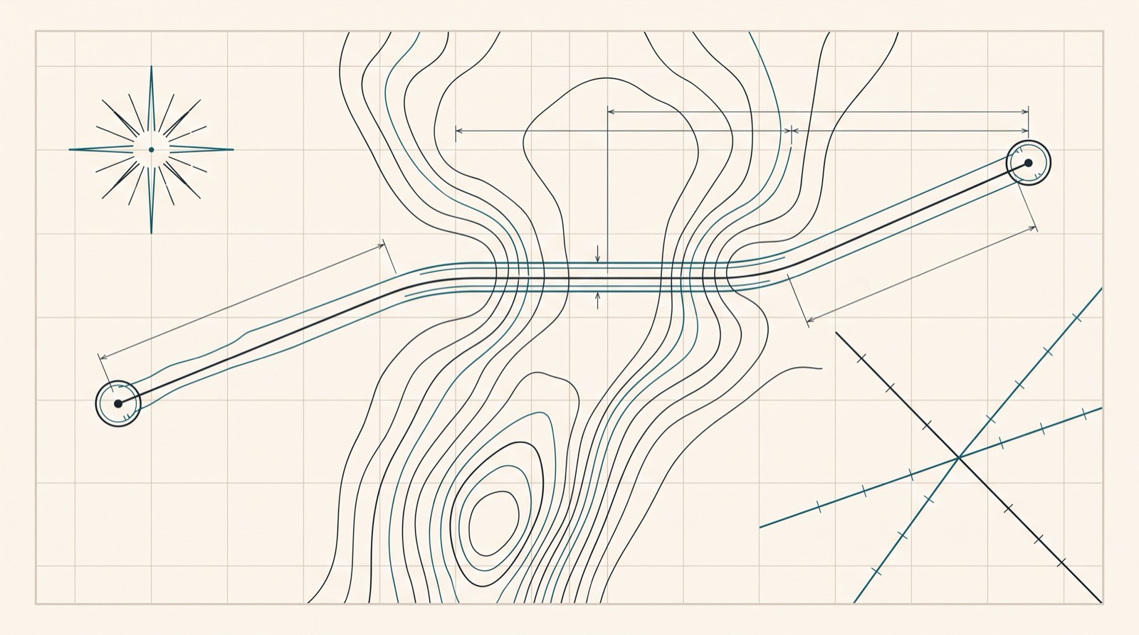 Chart drawing of an encrypted route running between two nodes over depth contours